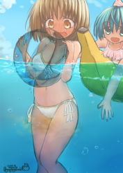 Rule 34 | 2girls, artist name, ball, bare shoulders, beachball, bikini, blonde hair, blue eyes, blue hair, blue sky, blush, breasts, bubble, cameltoe, cloud, collarbone, dated, day, embarrassed, female focus, front-tie bikini top, front-tie top, hair ornament, hands up, highres, holding, looking at another, lying, matching hair/eyes, medium breasts, multiple girls, navel, nose blush, on stomach, open mouth, original, outdoors, partially submerged, partially underwater shot, peeing, peeing self, peeing underwater, red bikini, saliva, short hair, side-tie bikini bottom, signature, sky, solo focus, standing, striped bikini, striped clothes, swimsuit, transparent, ugogogesik, water, white bikini, wide-eyed, yellow eyes