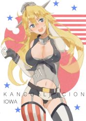 Rule 34 | + +, 10s, 1girl, :d, absurdres, american flag legwear, belt, black panties, blonde hair, blue eyes, blush, breasts, character name, cleavage, copyright name, gloves, headgear, highres, ikz97, iowa (kancolle), kantai collection, large breasts, long hair, looking at viewer, microskirt, midriff, navel, open mouth, panties, skirt, smile, solo, star-shaped pupils, star (symbol), symbol-shaped pupils, teeth, thighhighs, underwear