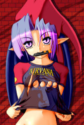 Rule 34 | 1girl, band shirt, bottomless, boxcutter, breasts, character request, clothes writing, covered erect nipples, demon girl, demon wings, hat, kazuboh, knife, merchandise, mouth hold, nirvana (band), out-of-frame censoring, pointy ears, purple eyes, purple hair, raglan sleeves, shirt, shirt tug, short hair, solo, source request, t-shirt, torn clothes, underboob, wings