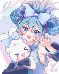 Rule 34 | &gt; &lt;, 1girl, :d, black sleeves, blue bow, blue eyes, blue hair, blue nails, blue necktie, blush, bow, cinnamiku, cinnamoroll, claw pose, closed eyes, collared shirt, commentary request, detached sleeves, ear bow, fang, flower in eye, frilled shirt, frilled shirt collar, frills, gradient hair, grey shirt, hair between eyes, hair bow, hatsune miku, heart, highres, kakon, long sleeves, looking at viewer, multicolored hair, nail polish, necktie, open mouth, pink hair, pixelated, sanrio, shirt, sleeveless, sleeveless shirt, smile, symbol in eye, upper body, vocaloid, wide sleeves, xd