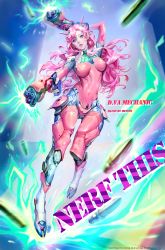 Rule 34 | 10s, 1girl, 2016, absurdres, alternate color, alternate costume, alternate eye color, alternate hair color, ammunition, android, animal print, arm behind head, arm up, armor, artist name, blue eyes, bodysuit, boots, breasts, breasts apart, character name, commentary, covered navel, d.va (overwatch), dated, dual wielding, facepaint, facial mark, finger on trigger, full body, gloves, gun, handgun, headgear, highres, holding, holding gun, holding weapon, knee pads, lips, lipstick, long hair, long sleeves, looking at viewer, makeup, mechanization, medium breasts, meka (overwatch), mucuzi, overwatch, overwatch 1, parted lips, pauldrons, personification, pilot suit, pink hair, pink lips, rabbit print, ribbed bodysuit, shells, shoulder armor, shoulder pads, skin tight, solo, turtleneck, weapon, whisker markings, white gloves
