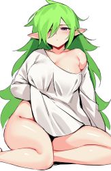 Rule 34 | 1girl, aoba (guardian tales), blush, breasts, cleavage, clothes lift, collarbone, commentary, copyright request, green hair, guardian tales, hair over one eye, hand under clothes, hand under shirt, highres, large breasts, lifting own clothes, long hair, long sleeves, looking at viewer, naked shirt, ndgd, neet aoba (guardian tales), official alternate costume, oversized clothes, oversized shirt, pointy ears, purple eyes, shirt, shirt lift, simple background, sitting, solo, very long hair, white background, white shirt