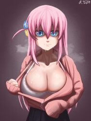 Rule 34 | 1girl, alternate breast size, black skirt, blue eyes, bocchi the rock!, bra, breasts, cleavage, collarbone, cube hair ornament, gotoh hitori, grey background, hair between eyes, hair ornament, heavy breathing, highres, jacket, large breasts, long hair, looking at viewer, pink hair, pink jacket, side ahoge, skirt, sleeves past wrists, solo, sweat, tap34, track jacket, underwear, undressing, unzipping, very sweaty, white bra