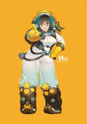 Rule 34 | 1girl, :d, artist name, bad id, bad twitter id, beekeeper mei, black-framed eyewear, boots, breasts, brown eyes, brown footwear, brown hair, canister, character name, commentary request, contrapposto, drone, elbow gloves, full body, glasses, gloves, hand on own hip, hand up, helmet, hose, index finger raised, knee boots, legs apart, looking at viewer, mei (overwatch), official alternate costume, open mouth, overwatch, overwatch 1, pointing, pointing at viewer, robot, round eyewear, round teeth, shoes, smile, snowball (overwatch), solo, spiked shoes, spikes, standing, swept bangs, teeth, twitter username, upper teeth only, what (hemspect), yellow background, yellow gloves