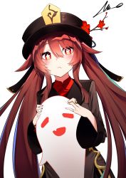 Rule 34 | 1girl, absurdres, black nails, blush, brown hair, chinese clothes, closed eyes, fang, genshin impact, ghost, hair between eyes, half-closed eyes, hat, highres, hu tao (genshin impact), huge filesize, jewelry, long hair, long sleeves, looking at viewer, nail polish, open mouth, overlord (overlord80000), red eyes, ring, smile, solo, symbol-shaped pupils, twintails, very long hair, wide sleeves