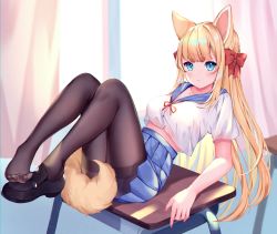 Rule 34 | 1girl, animal ears, blonde hair, blue eyes, blue skirt, bow, breasts, brown pantyhose, button gap, closed mouth, convenient censoring, crop top, crop top overhang, desk, expressionless, feet, fox ears, fox girl, fox tail, hair bow, high-waist skirt, highres, knees up, loafers, long hair, looking at viewer, medium breasts, midriff, miniskirt, neck ribbon, on desk, original, pantyhose, pleated skirt, reclining, ribbon, sailor collar, school uniform, serafuku, shirt, shoes, short sleeves, sitting, on desk, skirt, solo, tail, tail censor, thick eyebrows, thighband pantyhose, very long hair, white shirt, yuniiho