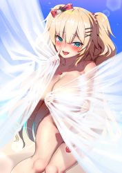 Rule 34 | 1girl, akai haato, ayagi daifuku, beach, blonde hair, blue eyes, blue sky, blush, bow, breasts, collarbone, commentary request, curtains, day, hair bow, hair ornament, hairclip, heart, heart hair ornament, heart necklace, hololive, index finger raised, jewelry, large breasts, long hair, looking at viewer, necklace, nude, ocean, open mouth, outdoors, red bow, see-through, sky, smile, solo, thigh strap, tongue, tongue out, two side up, very long hair, virtual youtuber, x hair ornament