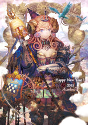 Rule 34 | 1girl, 2015, armor, asatani tomoyo, blonde hair, blue eyes, breasts, closed mouth, gauntlets, green skirt, happy new year, highres, holding, holding staff, horns, long hair, looking at viewer, new year, original, skirt, small breasts, smile, solo, staff