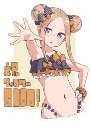 Rule 34 | 1girl, abigail williams (emerald float) (fate), abigail williams (fate), absurdres, bare shoulders, bikini, black bikini, black bow, blonde hair, blue eyes, blush, bow, breasts, collarbone, double bun, fate/grand order, fate (series), forehead, frilled bikini, frills, hair bow, hair bun, highleg, highleg bikini, highres, kopaka (karda nui), long hair, looking at viewer, multiple hair bows, navel, official alternate costume, open mouth, orange bow, outstretched arm, parted bangs, polka dot, polka dot bow, sidelocks, small breasts, solo, swimsuit, thighs