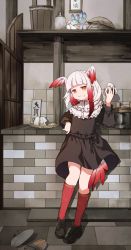 Rule 34 | 1girl, :t, bird tail, bird wings, black dress, black footwear, blunt bangs, bucket, commentary, dress, eating, food, food on face, frilled shirt collar, frills, full body, gradient hair, head wings, highres, holding, holding food, indoors, japanese crested ibis (kemono friends), kemono friends, kitchen, kneehighs, long hair, looking at viewer, lucky beast (kemono friends), multicolored hair, nanana (nanana iz), onigiri, plate, red hair, red socks, shoes, socks, solo, tail, white hair, wings, yellow eyes