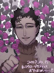 Rule 34 | 1boy, black clover, black hair, brown robe, clenched hand, facial mark, flower, forehead mark, happy birthday, highres, light smile, looking at viewer, lucius zogratis, male focus, open mouth, purple eyes, purple flower, robe, runadon1146, short hair, solo, white fur