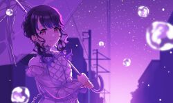 Rule 34 | 1girl, black hair, blurry, blurry background, commentary request, fang, fukumaru koito, highres, holding, holding umbrella, idolmaster, idolmaster shiny colors, jtangc, long sleeves, looking at viewer, low twintails, purple eyes, see-through, see-through sleeves, skin fang, solo, swept bangs, twintails, umbrella, upper body, water drop