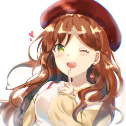 Rule 34 | 1girl, ;d, bad id, bad pixiv id, bang dream!, beret, blush, brown hair, chromatic aberration, earrings, finger to mouth, fur trim, green eyes, gumi (framboise 5204), hat, heart, highres, imai lisa, index finger raised, jewelry, long hair, long sleeves, looking at viewer, one eye closed, open mouth, red hat, shirt, smile, solo, sparkle, upper body, white background