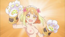 Rule 34 | 1girl, absurdres, blonde hair, blush, breasts, brown eyes, circlet, endro!, exhibitionism, fai fai, flower, gloves, hair flower, hair ornament, hairband, highres, looking ahead, looking at viewer, medium breasts, nipples, nude filter, open mouth, orange background, orange eyes, public indecency, screencap, short hair, sidelocks, smile, solo, standing, third-party edit, topless, upper body