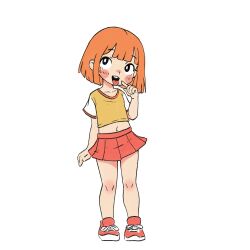Rule 34 | 1girl, bare legs, blush, blush stickers, child, daughter (yoru mac), female focus, full body, highres, mcdonald&#039;s, midriff, miniskirt, navel, open mouth, orange hair, pleated skirt, pointing, pointing at self, qtkat, raglan sleeves, red footwear, red skirt, shirt, short hair, sidelocks, simple background, skirt, smile, solo, standing, teeth, tongue, tongue out, upper teeth only, white background, yellow shirt, yoru mac