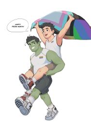 Rule 34 | 2boys, :d, antennae, arms up, avi (usernames avi), bara, black eyes, black hair, bright pupils, carrying, colored skin, couple, facial hair, flag, full body, goatee stubble, green skin, grey shorts, hair slicked back, happy, highres, holding, holding flag, lgbt pride, looking ahead, looking at another, looking back, male focus, multiple boys, open mouth, original, pectorals, piggyback, pointy ears, pride month, rainbow flag print, shirt, shoes, short hair, shorts, sleeveless, sleeveless shirt, smile, sneakers, socks, stubble, thick eyebrows, toned, toned male, walking, white socks, yaoi