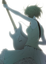 Rule 34 | 1girl, bad id, bad pixiv id, bare shoulders, blonde hair, breasts, dress, female focus, frills, from behind, guitar, instrument, kabayaki unagi, original, revision, short hair, solo, fender stratocaster, white background