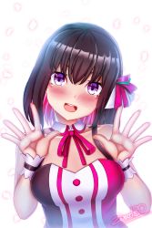Rule 34 | 1girl, artist name, azki (3rd costume) (hololive), azki (hololive), bare shoulders, black hair, blush, blush stickers, breasts, colored inner hair, commentary, detached collar, dress, english commentary, hair ornament, highres, hololive, looking at viewer, multicolored hair, open mouth, pink hair, purple eyes, short hair, solo, teeth, virtual youtuber, wrist cuffs, zero130