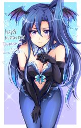 Rule 34 | 1girl, artist name, black gloves, black leotard, blue bow, blue hair, blue pantyhose, bow, breasts, character name, cleavage, clothing cutout, detached collar, elbow gloves, embarrassed, gloves, hand on own thigh, happy birthday, head wings, heart, highres, kazanari tsubasa, kiraki, leaning forward, leotard, long hair, looking at viewer, medium breasts, navel, one side up, pantyhose, senki zesshou symphogear, solo, stomach cutout, very long hair, wings