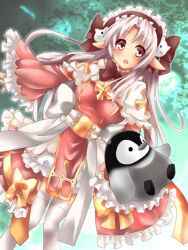 Rule 34 | 1girl, arch bishop (ragnarok online), bird, blush, bow, breasts, brown bow, brown eyes, brown hairband, cleavage cutout, clothing cutout, commentary request, cross, dress, dress bow, feet out of frame, frilled dress, frilled hairband, frilled sleeves, frills, hair bow, hairband, long hair, looking at viewer, medium breasts, momozakura nanao, official alternate costume, open mouth, parted bangs, pelvic curtain, penguin, pigeon-toed, pink hair, pointy ears, ragnarok online, sash, solo, thighhighs, two-tone dress, white dress, white sash, white thighhighs, wide sleeves, yellow bow