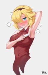 Rule 34 | 1girl, @ @, absurdres, arm behind head, armpits, blonde hair, blue eyes, blush, breasts, embarrassed, future princess, guardian tales, hairband, highres, large breasts, looking at viewer, open mouth, seo (tqhgud016), shirt, short hair, sleeveless, sleeveless shirt, solo, sweat