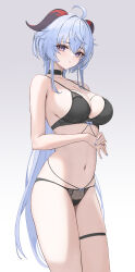 Rule 34 | 1girl, absurdres, ahoge, black choker, black panties, blue hair, blue nails, breasts, choker, collarbone, ganyu (genshin impact), genshin impact, goat horns, gradient background, grey background, highres, horns, large breasts, lingerie, long hair, looking at viewer, nail polish, navel, own hands together, panties, parted lips, purple eyes, rikui (rella2930), simple background, solo, thigh strap, thighs, underwear