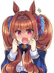 Rule 34 | 1girl, @ @, ^^^, animal ears, black bow, blue jacket, blush, bow, breasts, brown hair, center frills, daiwa scarlet (umamusume), fang, frills, hair between eyes, hair bow, hair intakes, hands up, highres, holding, holding own hair, horse ears, jacket, long hair, looking at viewer, medium breasts, nose blush, open mouth, purple eyes, red bow, shirt, simple background, solo, suzunone rena, sweat, tiara, twintails, umamusume, upper body, wavy mouth, white background, white shirt