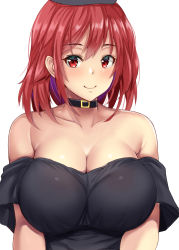 Rule 34 | 1girl, bare shoulders, black choker, black hat, black shirt, breasts, choker, cleavage, closed mouth, collarbone, ebi 193, hair between eyes, hat, hecatia lapislazuli, highres, large breasts, looking at viewer, medium hair, off-shoulder shirt, off shoulder, red eyes, red hair, shirt, short sleeves, simple background, smile, solo, t-shirt, touhou, upper body, white background