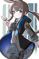 Rule 34 | 1girl, absurdres, amiya (arknights), animal ears, arknights, black jacket, blue eyes, blush, brown hair, brown pantyhose, closed mouth, from side, grey skirt, hair between eyes, hand up, highres, jacket, jewelry, long hair, long sleeves, open clothes, open jacket, pantyhose, pleated skirt, ponytail, puffy long sleeves, puffy sleeves, rabbit ears, ring, skirt, smile, solo, spam (spamham4506), v, very long hair