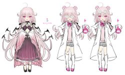 Rule 34 | 1girl, :d, bad id, bad pixiv id, blush, coke-bottle glasses, collared shirt, eyewear on head, glasses, grey skirt, hair between eyes, lab coat, long hair, long sleeves, low twintails, multiple views, open clothes, open mouth, original, pink hair, pink sweater, pleated skirt, purple eyes, red skirt, shiodome oji, shirt, simple background, skirt, smile, sweater, twintails, twitter username, very long hair, white background, white shirt, wide sleeves