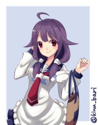 Rule 34 | 1girl, ahoge, apron, bag, blue background, blue sailor collar, border, cowboy shot, frilled apron, frills, hair flaps, kantai collection, kinubari nerune, long hair, looking at viewer, low twintails, neckerchief, purple hair, red eyes, red neckerchief, sailor collar, school uniform, serafuku, solo, taigei (kancolle), twintails, twitter username, two-tone background, whale, white apron, white border