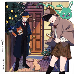 Rule 34 | 2boys, animal, black eyes, black hair, blonde hair, border, closed mouth, cm wm, coat, commentary request, deerstalker, detective, dog, door, ekubo (mob psycho 100), hat, highres, holding, holding animal, holding magnifying glass, kageyama shigeo, long sleeves, looking at viewer, magnifying glass, male focus, mob psycho 100, multiple boys, official alternate costume, open mouth, outdoors, outside border, rabbit, reigen arataka, short hair, smile, spirit, standing, the adventures of sherlock holmes, tree, white border