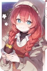 Rule 34 | 1girl, absurdres, beanie, blue archive, blue eyes, closed mouth, collared shirt, commentary, crumbs, eating, food, food on face, hair between eyes, halo, hat, highres, holding, holding food, jacket, long hair, long sleeves, looking at viewer, maki (blue archive), maki (camp) (blue archive), misyune, night, outdoors, red hair, red halo, red vest, roasted sweet potato, shirt, smile, snow, solo, sparkling eyes, sweet potato, turtleneck, upper body, vest, white shirt