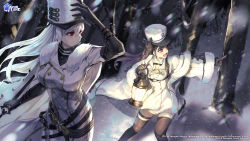 Rule 34 | 2girls, absurdres, azur lane, baracan, bare tree, black gloves, black legwear, blush, breasts, brown hair, buttons, cape, cleavage, coat, collared shirt, commentary request, copyright name, cowboy shot, double-breasted, elbow gloves, fang, feet out of frame, floating hair, forest, from side, fur-trimmed cape, fur-trimmed coat, fur hat, fur trim, gloves, hair between eyes, hand on headwear, hat, highres, holding, holding weapon, jacket, lantern, logo, long hair, medium breasts, multiple girls, nature, official art, open mouth, outdoors, pamiat merkuria (azur lane), parted lips, pink eyes, pointing, red eyes, shirt, silver hair, skin fang, smile, snow, snowing, sovetskaya rossiya (azur lane), thigh strap, thighhighs, tree, watermark, weapon, white cape, white coat, white jacket, white shirt, wind, wind lift, wing collar, winter, winter clothes, winter coat, zettai ryouiki