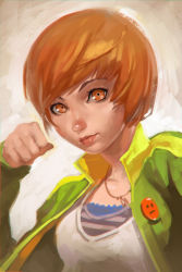 Rule 34 | 1girl, badge, brown eyes, brown hair, button badge, ilya kuvshinov, jacket, jewelry, lips, making-of available, megami tensei, necklace, open clothes, open jacket, persona, persona 4, persona 4 the golden, satonaka chie, shin megami tensei, short hair, solo, track jacket