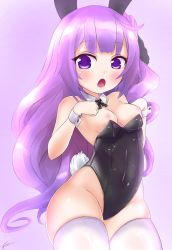 Rule 34 | :o, animal ears, arched back, azur lane, bare arms, bare shoulders, black leotard, blush, breasts, breasts out, collar, cowboy shot, curly hair, detached collar, hands up, highres, leotard, leotard pull, long hair, looking to the side, medium breasts, nipples, open mouth, purple background, purple eyes, purple hair, rabbit ears, rabbit tail, tail, thighhighs, thighs, uatemyrice, unicorn (azur lane), very long hair, white collar, white thighhighs, wide hips, wristband