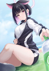 Rule 34 | 1girl, absurdres, alternate costume, animal ears, bare legs, black buruma, black hair, black jacket, blue archive, blue sky, blurry, blurry foreground, bob cut, bottle, breasts, buruma, cat ears, closed mouth, cloud, colored inner hair, commentary request, day, dutch angle, extra ears, field, foot out of frame, gym uniform, hair behind ear, hair ornament, hairclip, halo, highres, holding, holding bottle, jacket, kazusa (blue archive), long sleeves, looking at viewer, medium breasts, multicolored clothes, multicolored hair, multicolored jacket, outdoors, outstretched hand, partially unzipped, plastic bottle, rama (yu-light8), red eyes, shirt, shoes, short hair, sidelocks, sitting, sky, sneakers, solo, thighs, track jacket, two-tone hair, two-tone jacket, unzipping, water bottle, white shirt