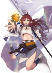 Rule 34 | 1girl, :d, antenna hair, apple, arknights, bad id, bad twitter id, belt, black belt, black socks, blue eyes, brown hair, commentary request, crop top, flag, food, fruit, golden apple, holding, jacket, kneehighs, long hair, long sleeves, looking at viewer, midriff, myrtle (arknights), navel, open clothes, open jacket, open mouth, pointy ears, reaching, reaching towards viewer, shoes, smile, socks, solo, stomach, tank top, thighs, white footwear, white jacket, white tank top, yuzuruka (bougainvillea)