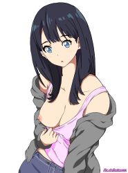 Rule 34 | 10s, 1girl, bare shoulders, breasts, cardigan, casual, covered erect nipples, denim, denim skirt, gridman universe, highres, hood, looking at viewer, medium breasts, nipples, no bra, off shoulder, one breast out, open clothes, skirt, solo, ssss.gridman, takarada rikka, tank top