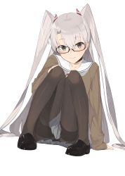 Rule 34 | 10s, 1girl, amatsukaze (kancolle), bespectacled, black panties, black pantyhose, blush, brown eyes, cardigan, choker, clothes between thighs, glasses, grey neckerchief, hair tubes, hayashi kewi, kantai collection, knees together feet apart, loafers, long hair, long sleeves, looking at viewer, neckerchief, panties, panties under pantyhose, pantyhose, pleated skirt, school uniform, shoes, silver hair, sitting, skirt, sleeves past wrists, solo, thighband pantyhose, two side up, underwear