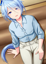Rule 34 | 1girl, :d, animal ears, arm rest, blue eyes, blue hair, blue shirt, blush, breast pocket, breasts, buttons, collared shirt, couch, dress shirt, dutch angle, ear covers, eyes visible through hair, fingernails, from above, hair between eyes, hair ornament, hand on own thigh, highres, horse ears, horse girl, horse tail, k.s.miracle (umamusume), kamelie, long sleeves, looking at viewer, medium breasts, on couch, open collar, open mouth, pants, pocket, shirt, shirt tucked in, short hair, sitting, sleeves past elbows, smile, solo, tail, thigh gap, umamusume, white pants