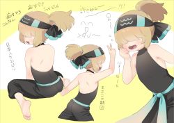 Rule 34 | 1girl, back, backless outfit, barefoot, black pants, blonde hair, fang, feet, female focus, flat chest, flying sweatdrops, hair over eyes, halterneck, headband, highres, looking back, mizuno uchi, open mouth, original, pants, ponytail, sitting, soles, solo, toes, v, wariza