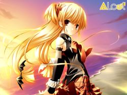 Rule 34 | 1girl, alcot, blonde hair, elbow gloves, gloves, goth fashion, karen (triptych), long hair, looking at viewer, looking back, nimura yuuji, skirt, solo, triptych, twintails