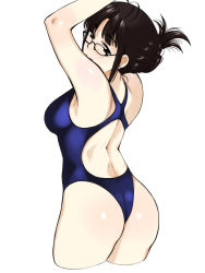 Rule 34 | 1girl, akizuki ritsuko, antenna hair, armpits, arms up, ass, back, back cutout, bare arms, bare shoulders, black-framed eyewear, blue one-piece swimsuit, blunt bangs, blush, breasts, brown eyes, brown hair, closed mouth, clothing cutout, competition swimsuit, cowboy shot, cropped legs, curvy, folded ponytail, glasses, highres, hip focus, humiyou, idolmaster, idolmaster (classic), medium breasts, one-piece swimsuit, short hair, sidelocks, simple background, smile, solo, standing, swimsuit, thighs, white background