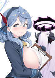 Rule 34 | 2girls, absurdres, ako (blue archive), bell, black gloves, blue archive, blue coat, blue eyes, blue hair, blue hairband, blush, breasts, closed mouth, coat, demon horns, from side, gloves, hair between eyes, hair ornament, hairband, half gloves, halo, highres, hina (blue archive), horns, komasi, large breasts, long hair, long sleeves, looking at viewer, looking to the side, multiple girls, neck bell, shirt, sideboob, simple background, smile, solo focus, very long hair, white background, white hair, white shirt, wings