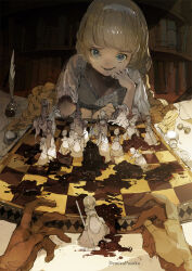 Rule 34 | 1boy, 1girl, artist name, bishop (chess), blonde hair, blue eyes, board game, book, bookshelf, braid, breasts, chess, chess piece, chessboard, cleavage, commentary request, defeat, demizu posuka, fork, hairband, head rest, highres, holding, holding fork, horse, horseback riding, indoors, inkwell, knight (chess), long hair, looking at viewer, melting, original, parted lips, pawn (chess), pov, pov hands, queen (chess), quill, riding, skull, smile, table, twin braids
