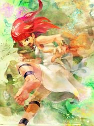 Rule 34 | 1girl, angry, anklet, barefoot, bracelet, cuffs, dress, faux traditional media, feet, fighting stance, ichiichi (nanno koreshiki), jewelry, kicking, legs, magi the labyrinth of magic, morgiana, open mouth, red eyes, red hair, soles, solo, toes