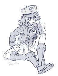 Rule 34 | 1girl, andou (girls und panzer), annoyed, arm support, backlighting, bc freedom (emblem), bc freedom military uniform, boots, buttons, elbow rest, emblem, from side, full body, girls und panzer, greyscale, hair between eyes, hand on own hip, hand on own cheek, hand on own face, hand up, hat, hatching (texture), head rest, high collar, jacket, jitome, kepi, kiikanna, knee boots, knee up, linear hatching, long sleeves, looking away, medium hair, messy hair, military hat, miniskirt, monochrome, open clothes, open jacket, parted lips, plaid, plaid skirt, sanpaku, shoe soles, signature, simple background, sitting, sketch, skirt, solo, vest, white background