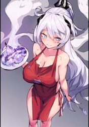 Rule 34 | + +, 1girl, 3:, ahoge, apron, blue eyes, blush, breasts, chinese commentary, cleavage, closed mouth, commentary request, grey background, highres, honkai (series), honkai impact 3rd, kiana kaslana, kiana kaslana (herrscher of flamescion), large breasts, long hair, looking away, naked apron, pillarboxed, plate, ponytail, simple background, solo, spatula, standing, sweat, symbol-shaped pupils, very long hair, white hair, wu-qiao
