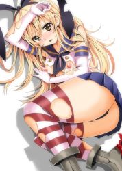 Rule 34 | 10s, 1girl, ass, bad id, bad pixiv id, blonde hair, blush, breasts, elbow gloves, female focus, gloves, inu (marukome), kantai collection, leotard, looking at viewer, lying, nipples, on side, shimakaze (kancolle), skirt, small breasts, solo, striped clothes, striped thighhighs, thighhighs, thighs, torn clothes, torn leotard, torn thighhighs, yellow eyes
